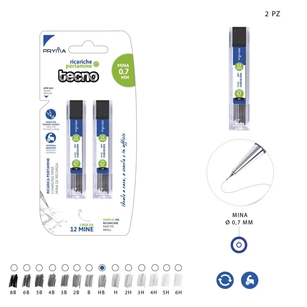 MINAS DE GRAFITO HB 0.7MM 2PZ Pryma
