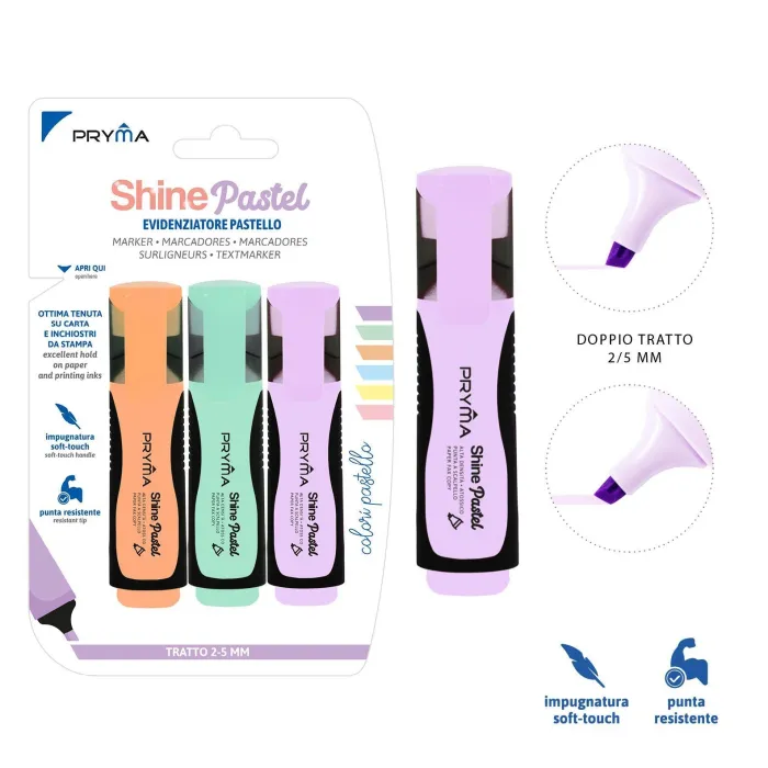 SUBRAYADOR SHINE CABEZA PLANA 2/5MM 3PZ COLOR PASTEL TIPO 2 Pryma