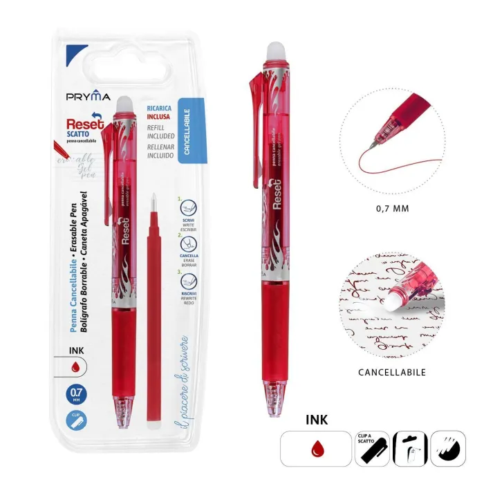 Bolígrafo borrable 0,7 mm + recambio rojo - Pryma