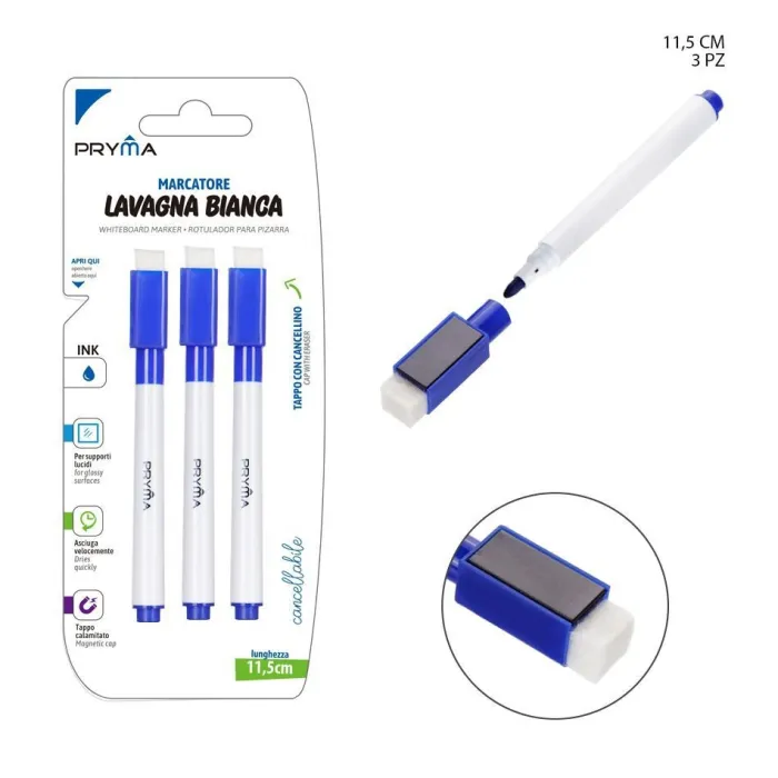 ROTULADOR PARA PIZARRA BLANCA CON BORRADOR MAGNÉTICO 3PZ AZUL Pryma