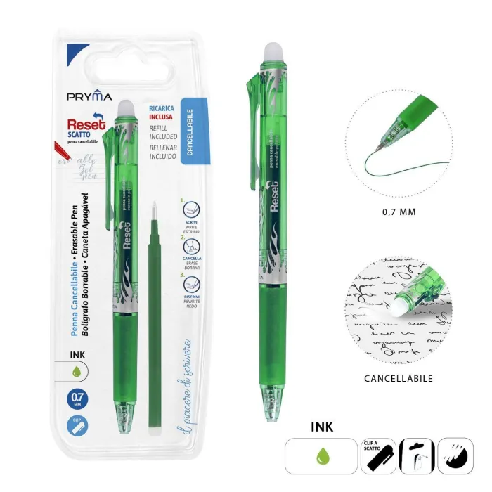 Bolígrafo borrable 0,7 mm + recambio verde - Pryma