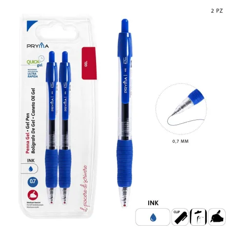 Bolígrafo de Clic de Gel con Secado Rápido 0.7mm 2pz Azul Pryma
