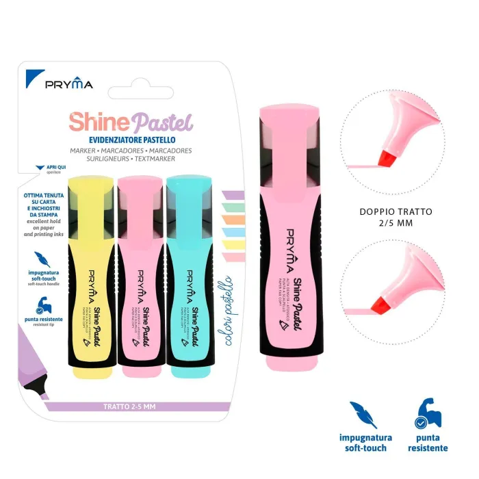 SUBRAYADOR SHINE CABEZA PLANA 2MM 5MM 3PZ COLOR PASTEL TIPO 1 Pryma