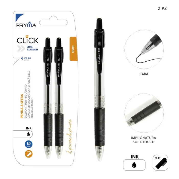 Bolígrafo de Clic 1mm 2pz Negro Pryma