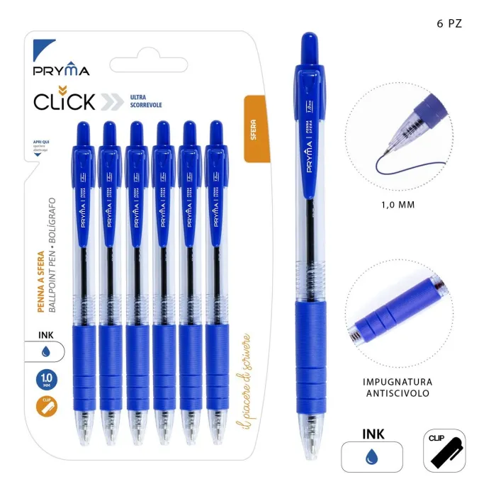 Bolígrafo de Clic 1mm 6Pz Azul Pryma