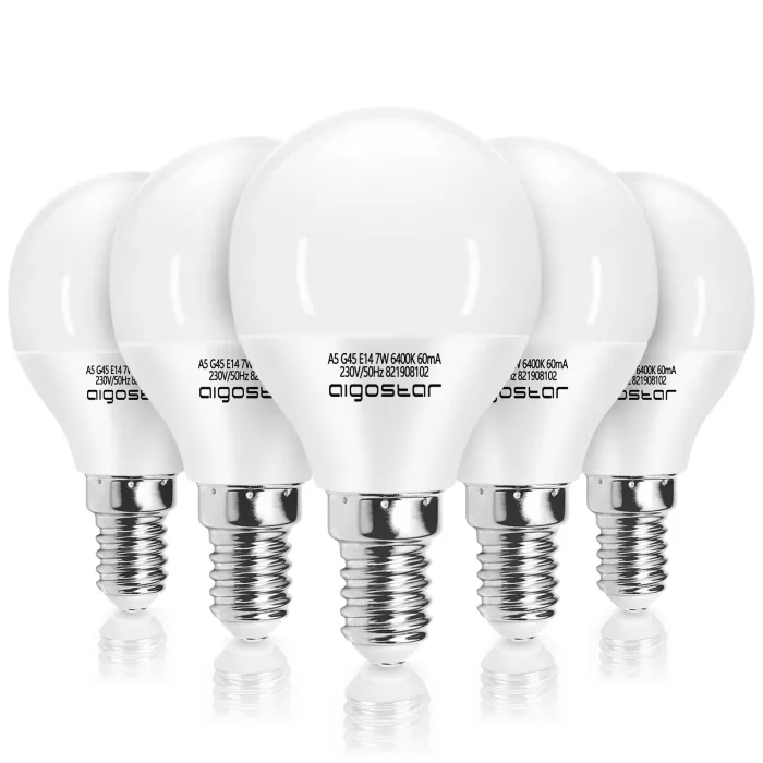 Pack 5 Bombilla LED A5 G45 7 W E14 - Aigostar, Fria 6400K