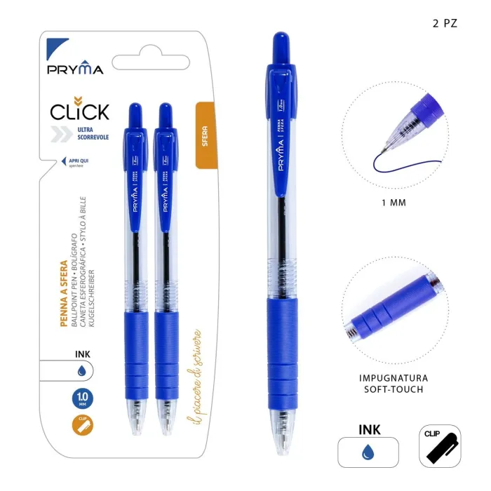 Bolígrafo de Clic 1mm Pryma Azul Pack de 2 para una Escritura Fluida y Confortable.