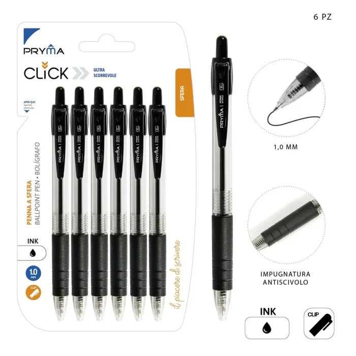 Bolígrafo de Clic 1mm 6pz Negro Pryma