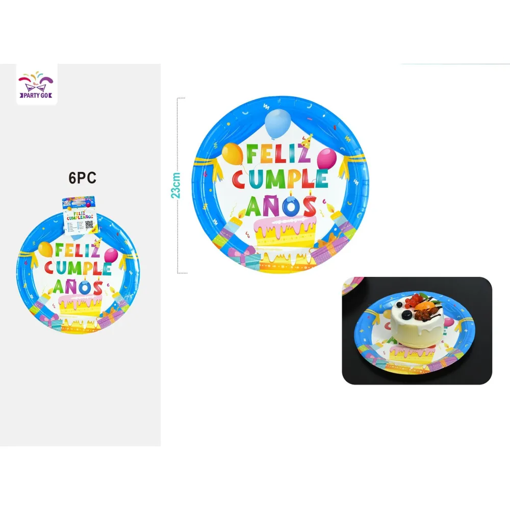 Pack de 6 Platos de Cartón Azul Feliz Cumpleaños 23cm PartyGO