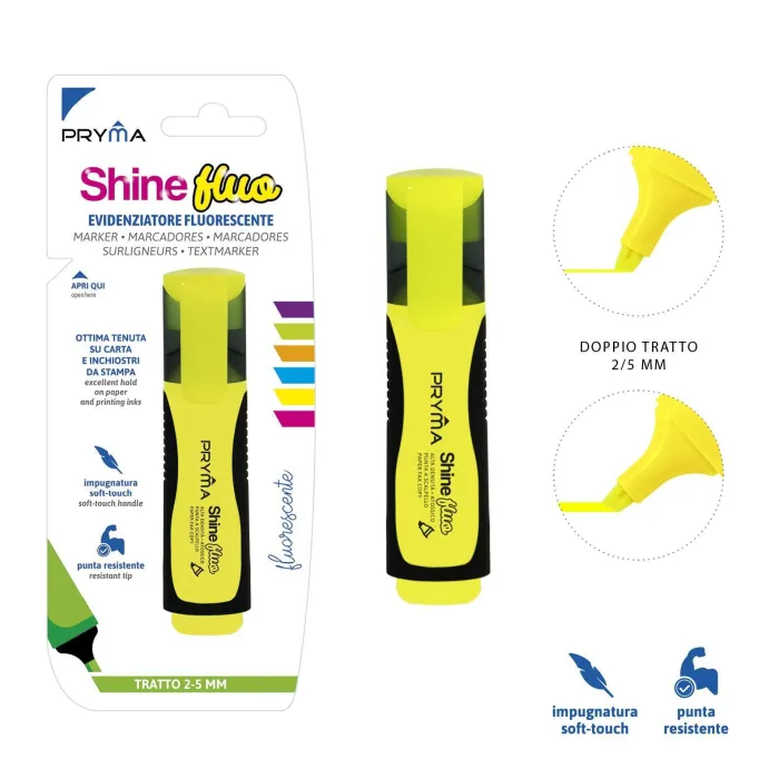 SUBRAYADOR AMARILLO FLUORESCENTE SHINE CABEZA PLANA 2/5MM Pryma