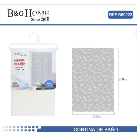 Cortina de Baño de PEVA con Diseño de Hojas Grises de 180x200CM - B&G HOME