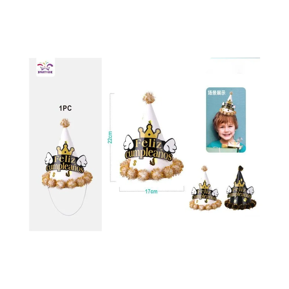 Gorras de Feliz Cumpleaños con Pelusa de Ángel en Blanco y Negro