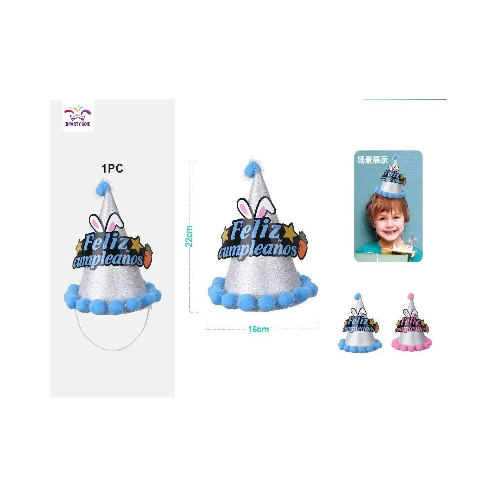 Gorras feliz cumpleaños con diseño de conejito rosa y azul - PartyGO