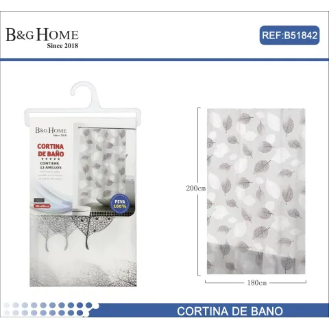 Cortina de Baño con Diseño de Hojas, Anillos Incluidos, 100% PEVA, 180x200cm - B&G Home