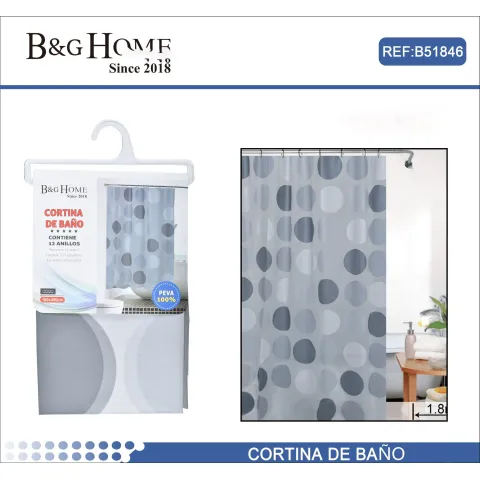 Cortina de Baño Círculo con Anillos 100% PEVA 180x200cm - B&G Home