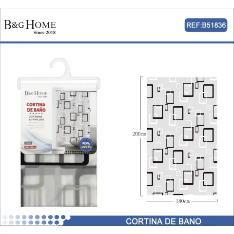 Cortina de Baño Impreso 100% PEVA 180x200cm con Anillo - B&G Home