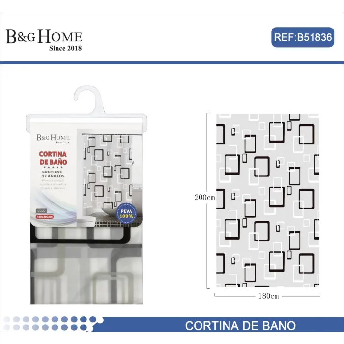 Cortina de Baño Impreso 100% PEVA 180x200cm con Anillo - B&G Home