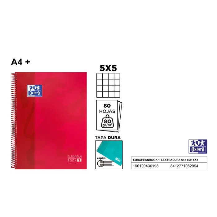 Europeanbook 1 Tapa Extradura A4+ 80 Hojas 5x5 Rojo Oxford