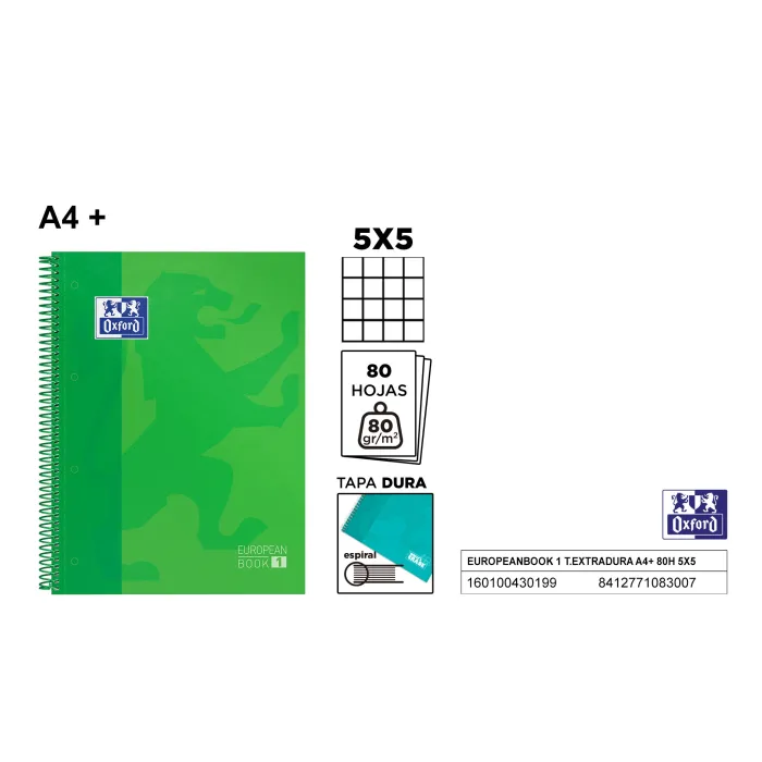 Europeanbook 1 Tapa Extradura A4+ 80 Hojas 5x5 Verde Oxford