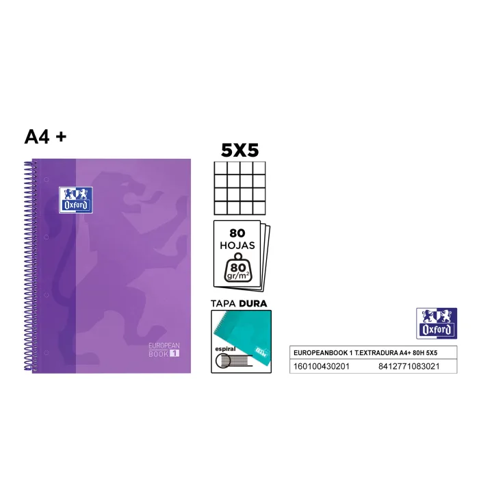 Europeanbook 1 Tapa Extradura A4+ 80 Hojas 5x5 Morado Oxford