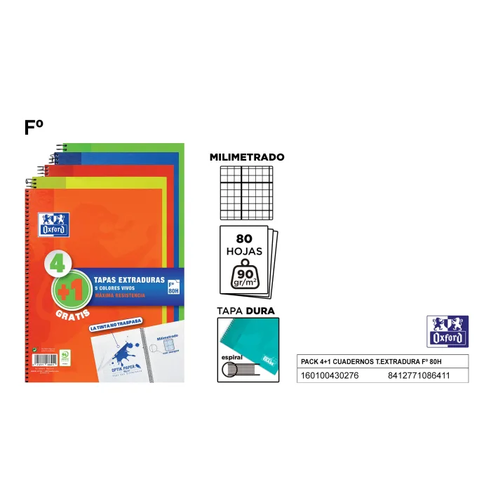 Pack 4 plus1 Cuadernos Tapa Extradura Fº, 80 hojas Mm - Oxford