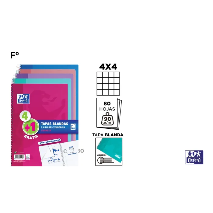 Pack 4+1 Cuadernos Tapa Blanda F 80 Hojas 4x4 Oxford