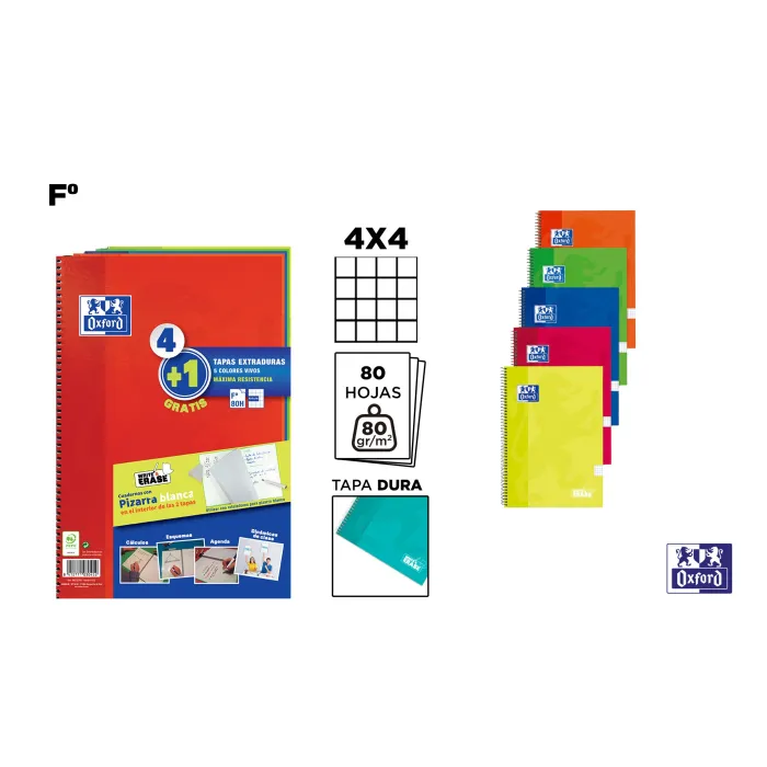 Pack 4+1 Cuadernos Fº TE School Write & Erase, 80 Hojas 4x4 - Oxford