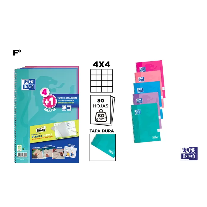 Pack 4 + 1 cuadernos School Write&Erase Fº, 80 hojas 4 × 4 - Oxford