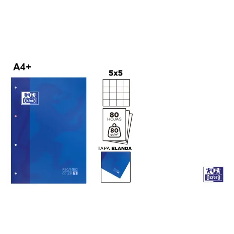 Recambio Cuaderno Color 1 Tapa Blanda A4+ 80 Hojas 5x5 Azul - Oxford