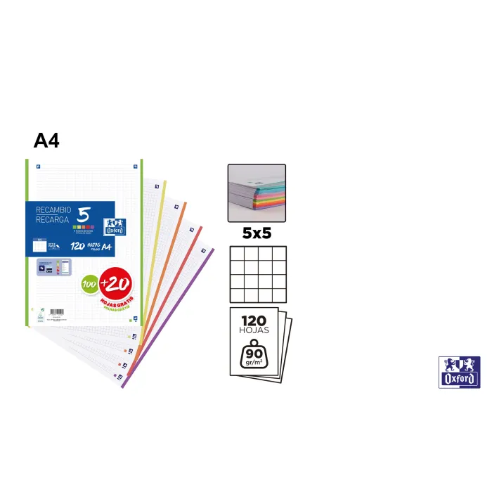 Recambio 100+20H A4 5x5 5 colores de banda - Oxford