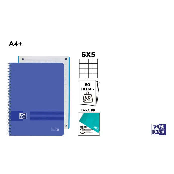 Europeanbook Live&Go Tapa Plástico A4+ 80H 5x5 Azul - Oxford