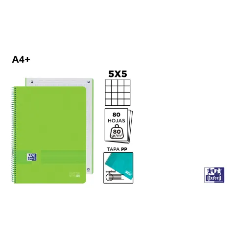 Europeanbook Live&Go Tapa Plástico A4+ 80H 5x5 Verde - Oxford