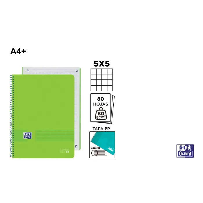 Europeanbook Live&Go Tapa Plástico A4+ 80H 5x5 Verde - Oxford