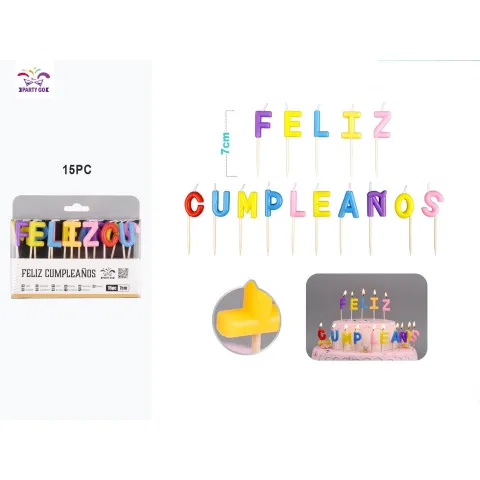 Velas "Feliz Cumpleaños" 15 piezas multicolores de 7cm - PartyGO