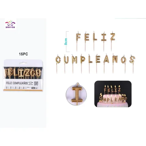 Velas "Feliz Cumpleaños" dorado 15 piezas de 8cm - PartyGO