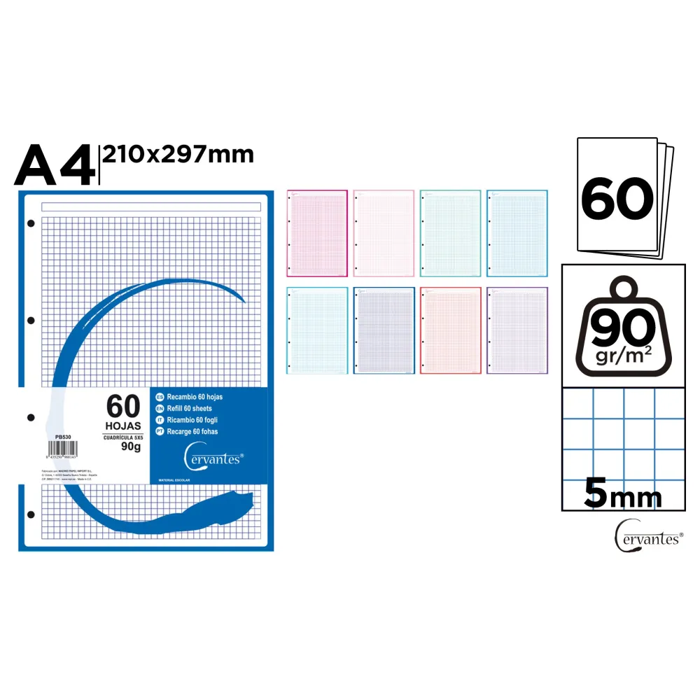 Recambio A4 5x5 Color 90g 60h 4 Taladros - MP