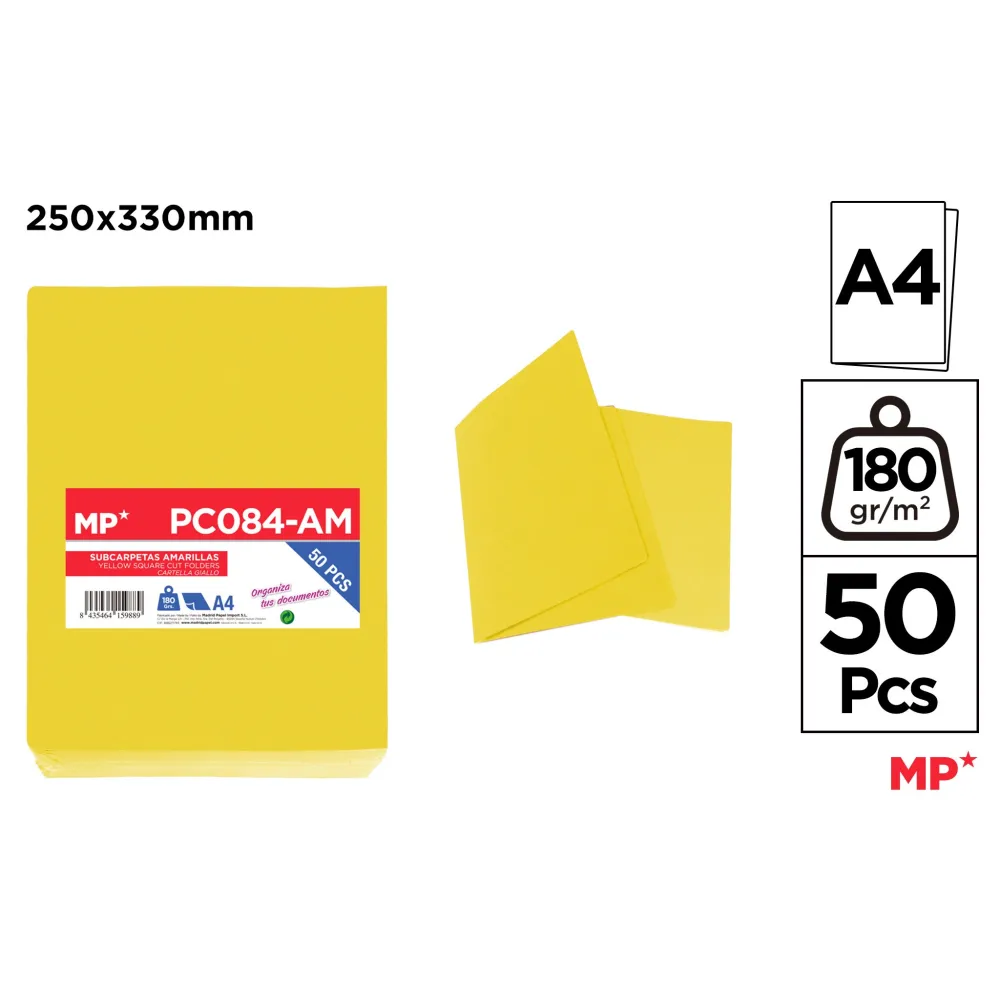 Subcarpetas Amarillo 180gr A4 Paquete 50 Unidades - MP