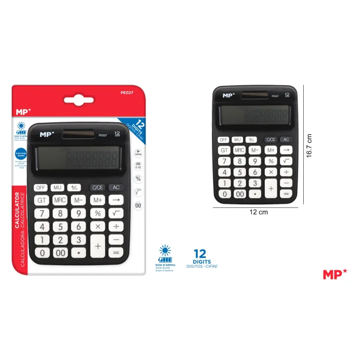 Calculadora Solar y Pilas 12 Dígitos Negro