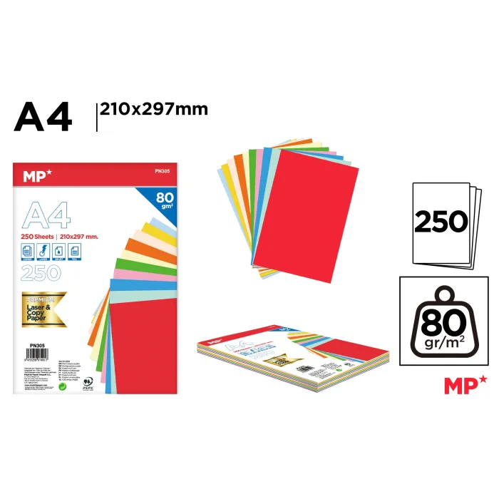 Papel A4 250 Hojas 80g Color Surtido - MP