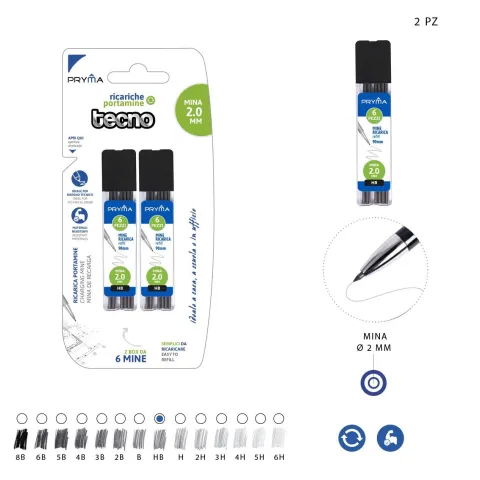 Recambio Tecno 6 Minas HB 2mm Pack de 2, Consistencia Pryma