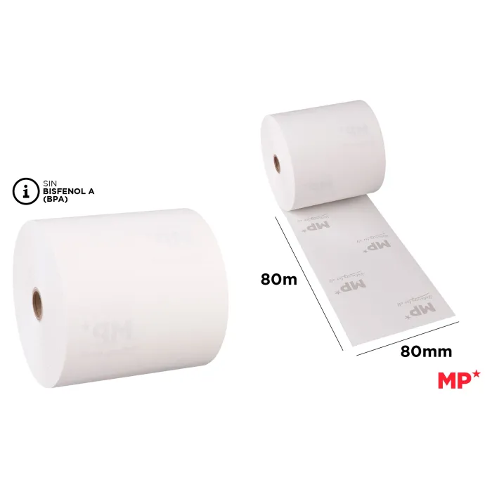 Rollo de Papel Térmico 80x80 mm, 55g, 80 mts - Pack de 8 unidades - MP