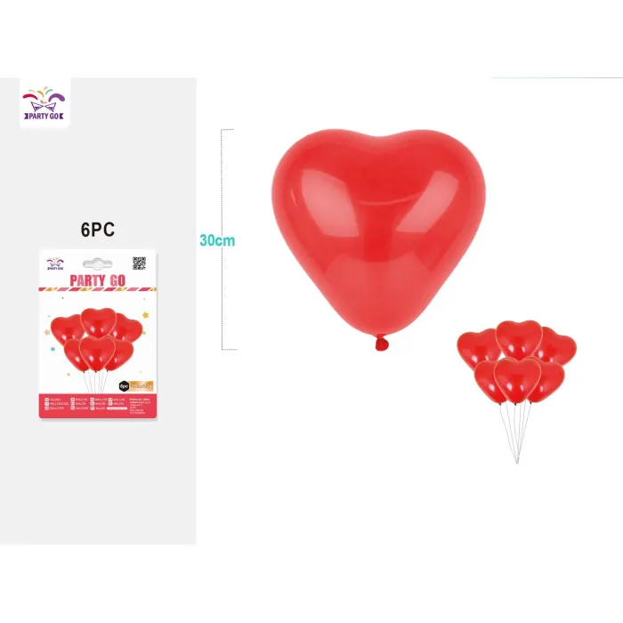 Pack de 6 Globos Látex en Forma de Corazón Color Rojo 30cm - PartyGO