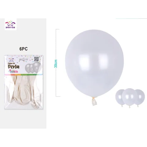 Pack de 6 Globos de Goma Látex con Brillo Perla 30CM Color Blanco - PartyGO