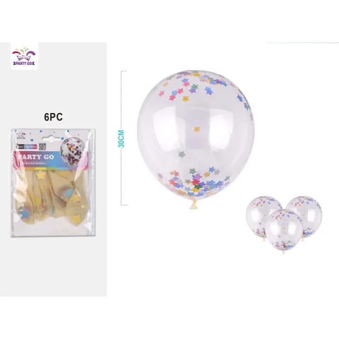 Pack de 6 globos de latex transparentes con confeti metalico estrella 30cm - PartyGO