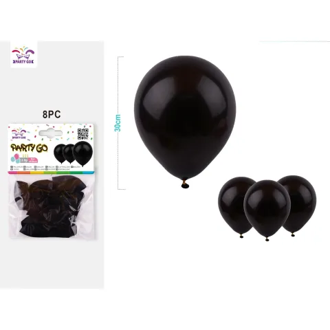 Pack de 8 Globos de Látex Mate en Color Negro 30cm - PartyGO