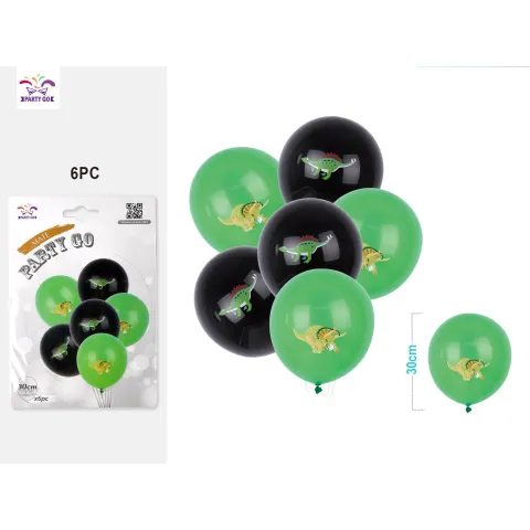 Set de 6 Globos de Látex de Dinosaurios en Mezcla Mate de Verde y Negro - 30cm - PartyGO