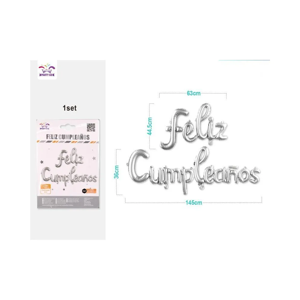 Globos Mylar "Feliz Cumpleaños" Color Plateado - PartyGO