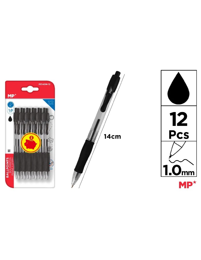 Bolígrafo de Clic 1mm 6pz Negro Pryma