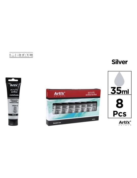 Pack de 4 tubos de pintura acrílica Artix 35 ml, Plata metalizada