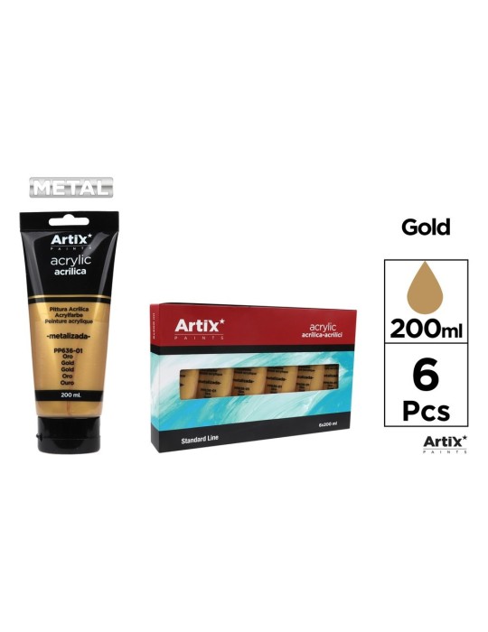 Pack de 3 tubos de pintura acrílica metalizada Artix 200 ml, Oro metalizado